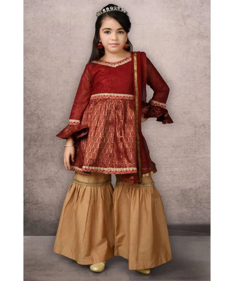 Maroon woven net stitched kids salwar suits