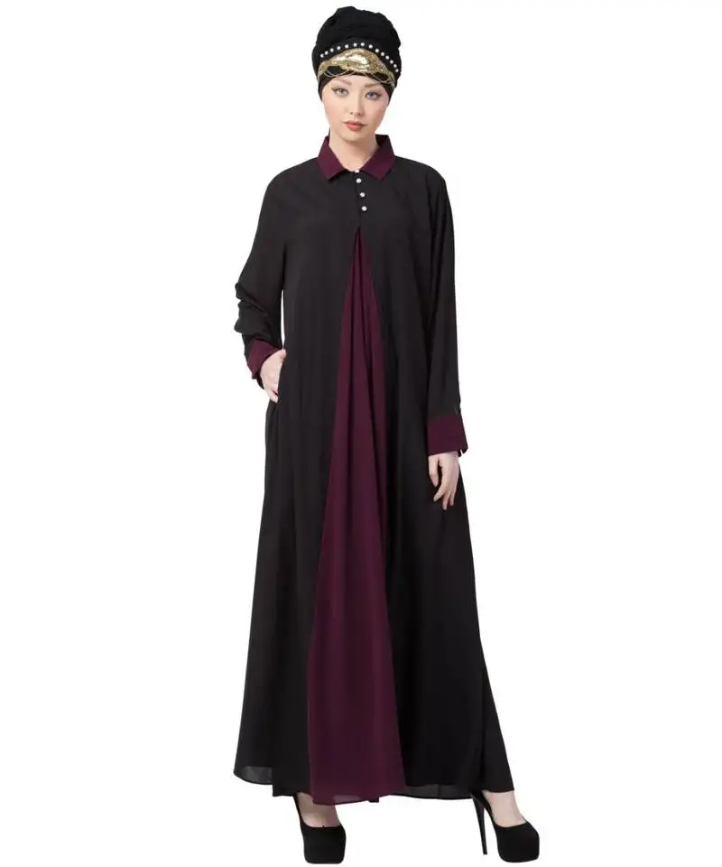 Nazneen contrast yoke black::Purple casual abaya