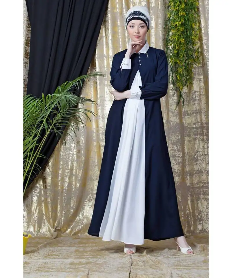 Nazneen contrast yoke black::White casual abaya