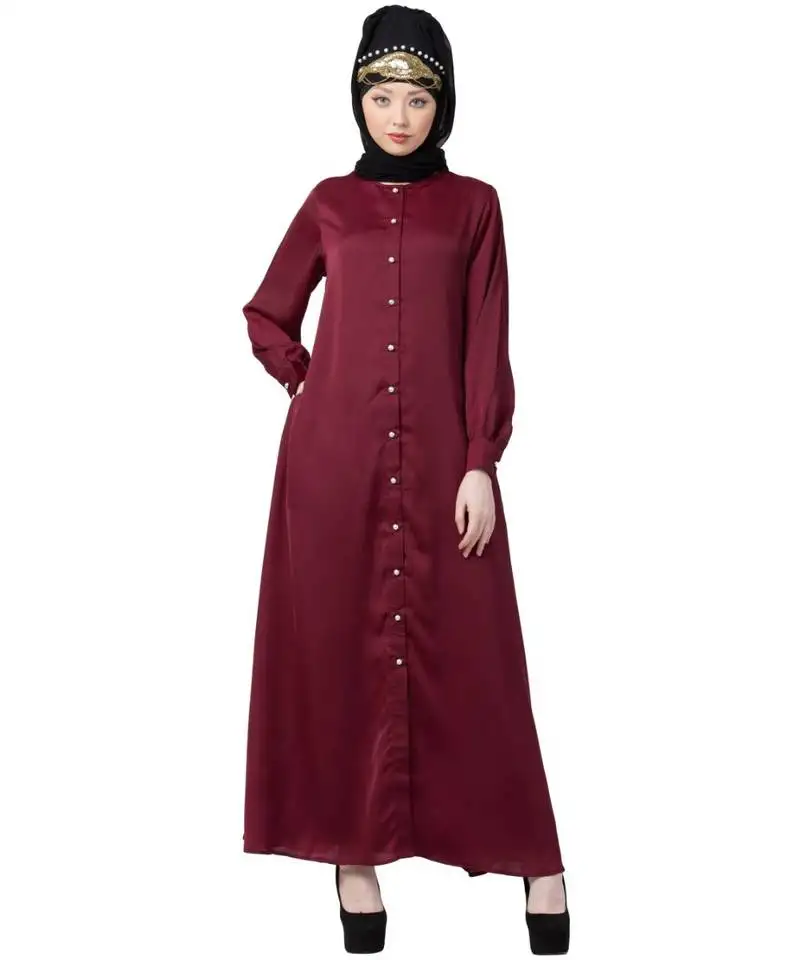 Maroon nazneen decorative button front open nida abaya