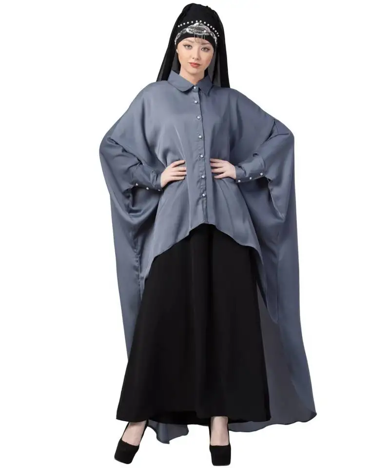 Grey nazneen front open shirt kaftan with inner casual abaya