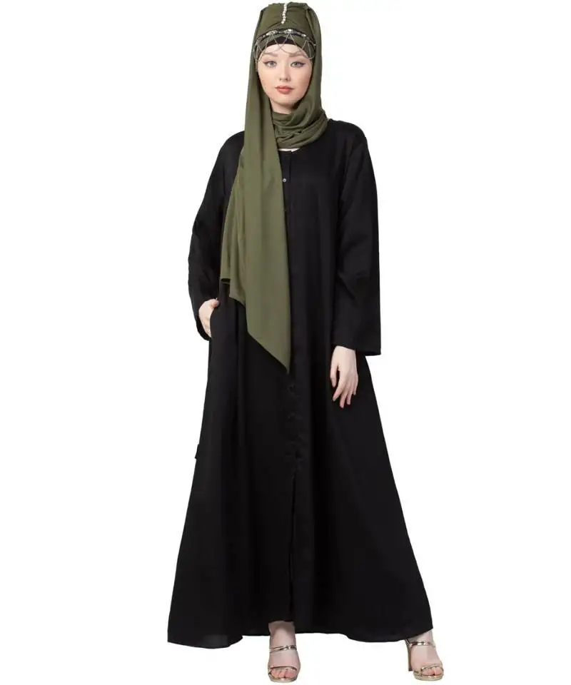 Black front open v neck black nida abaya