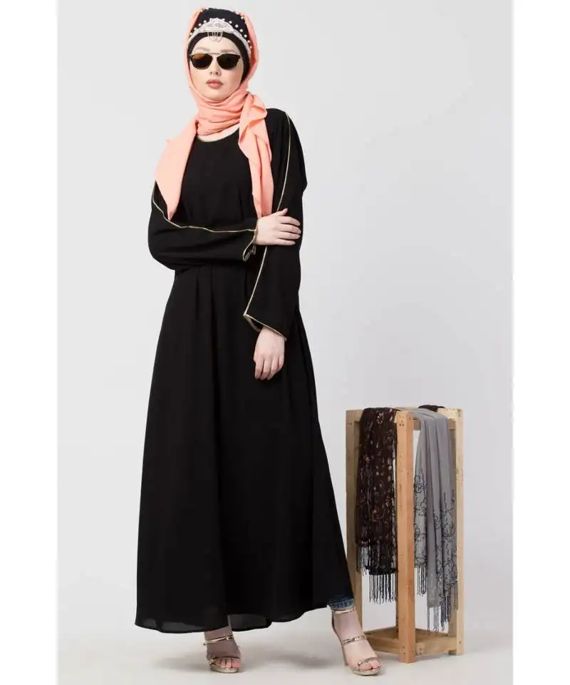 Black nazneen golden piping at sleeve casual abaya