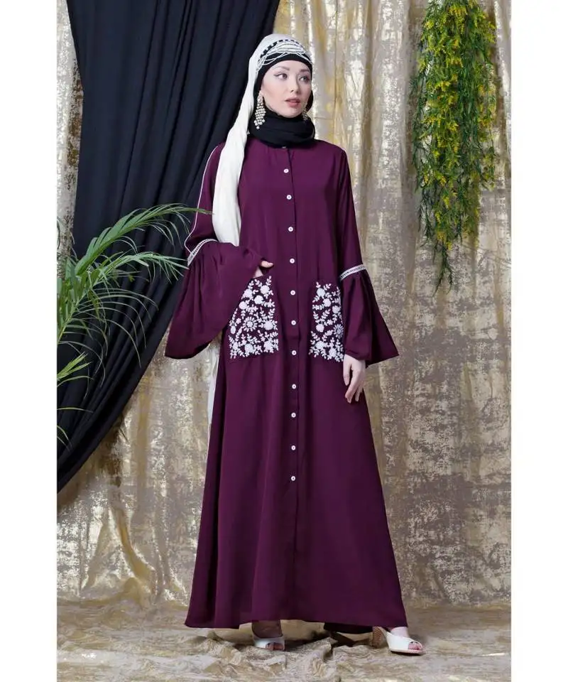 Purple nazneen embroidered pocket, bell sleeve casual abaya