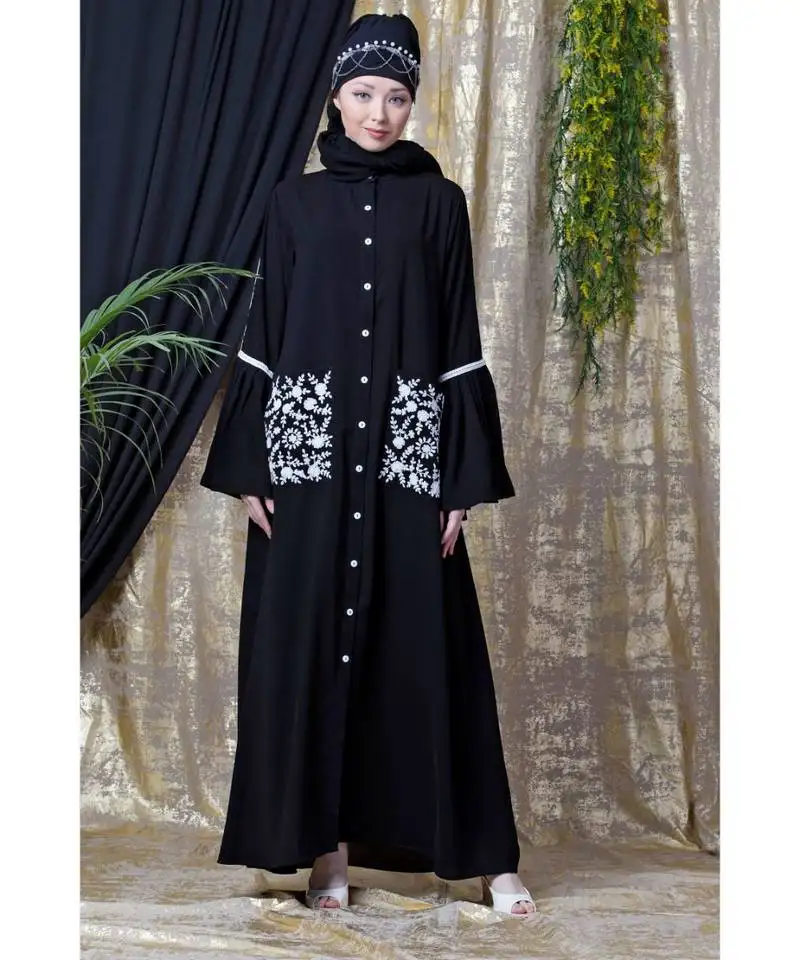 Black nazneen embroidered pocket, bell sleeve casual abaya