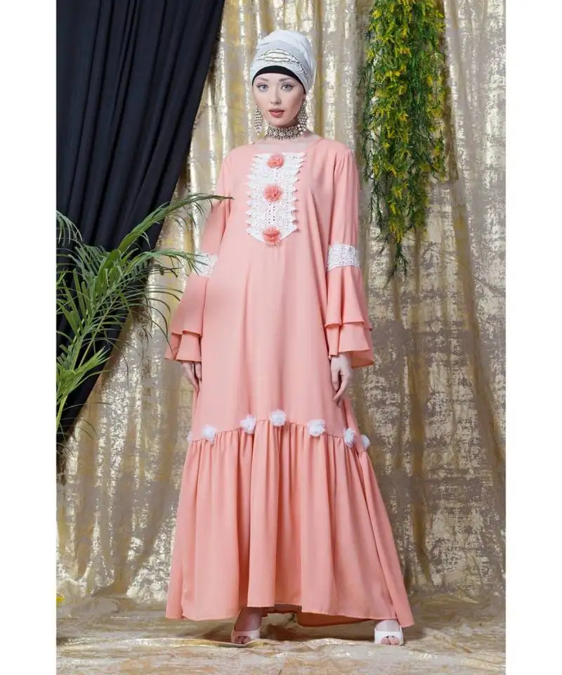 Peach nazneen bell sleeve flowers around knee party abaya
