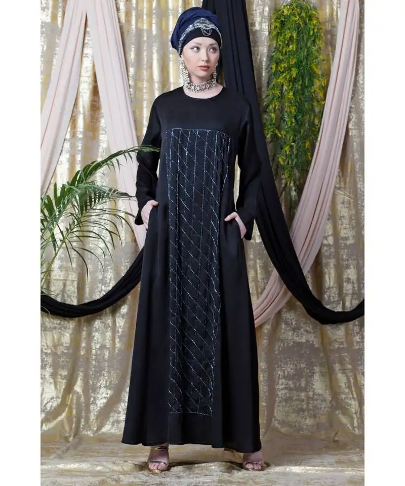 Black nazneen diamond motif hand embroidered flare nida abaya