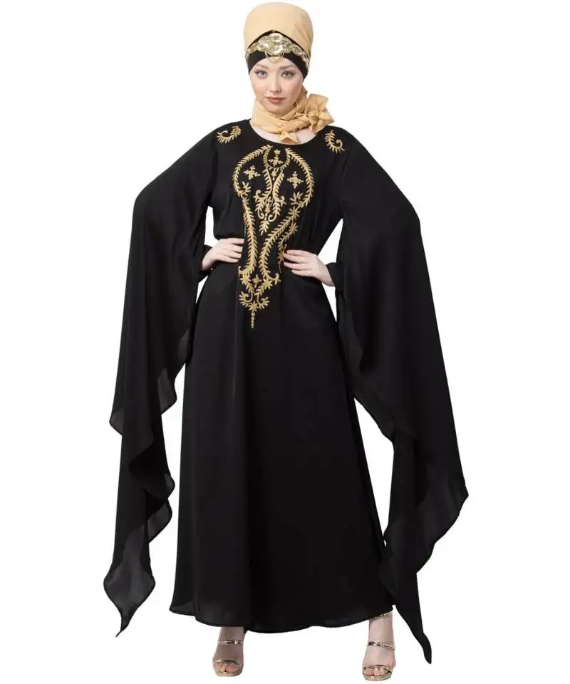 Black nazneen extra long wings sleeve embroidered party abaya
