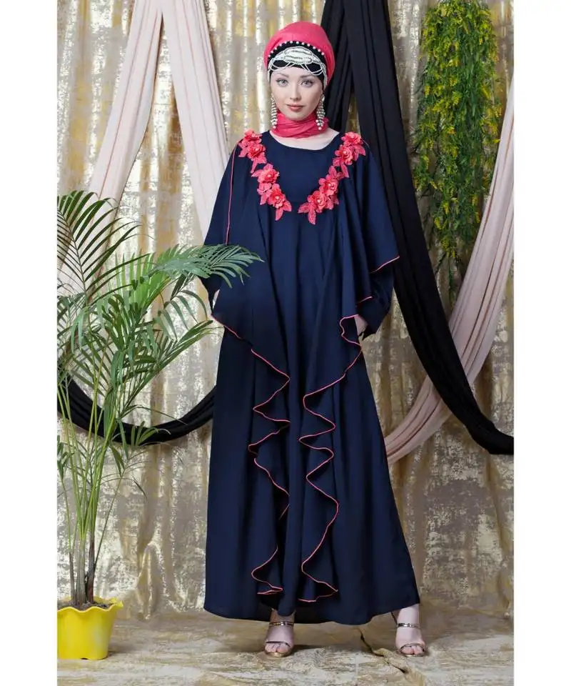 Blue nazneen front long frill contrast flowers party abaya