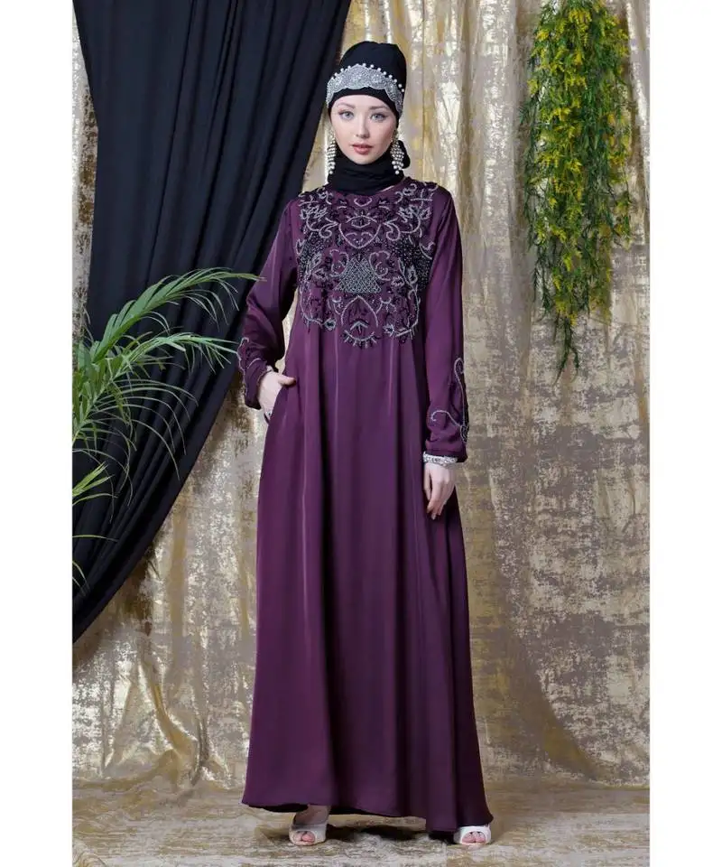 Purple nazneen front and sleeve hand embroidered party abaya