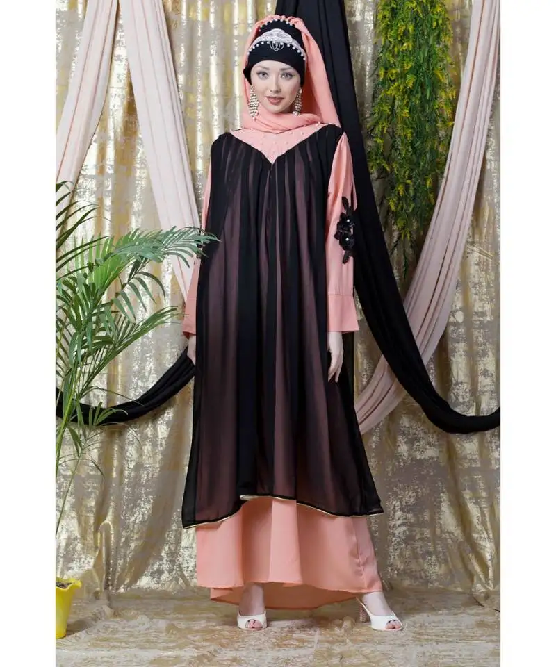 Peach crepe plain layered abaya set