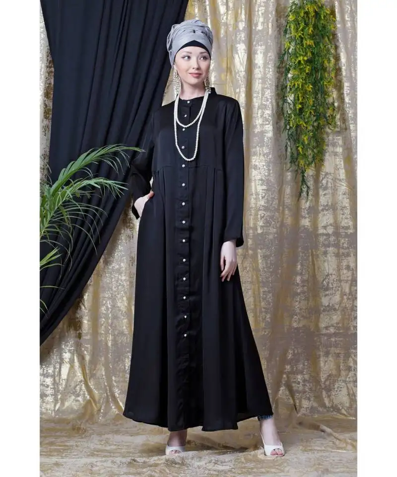 Black nazneen front open with pleats from waist casual abaya