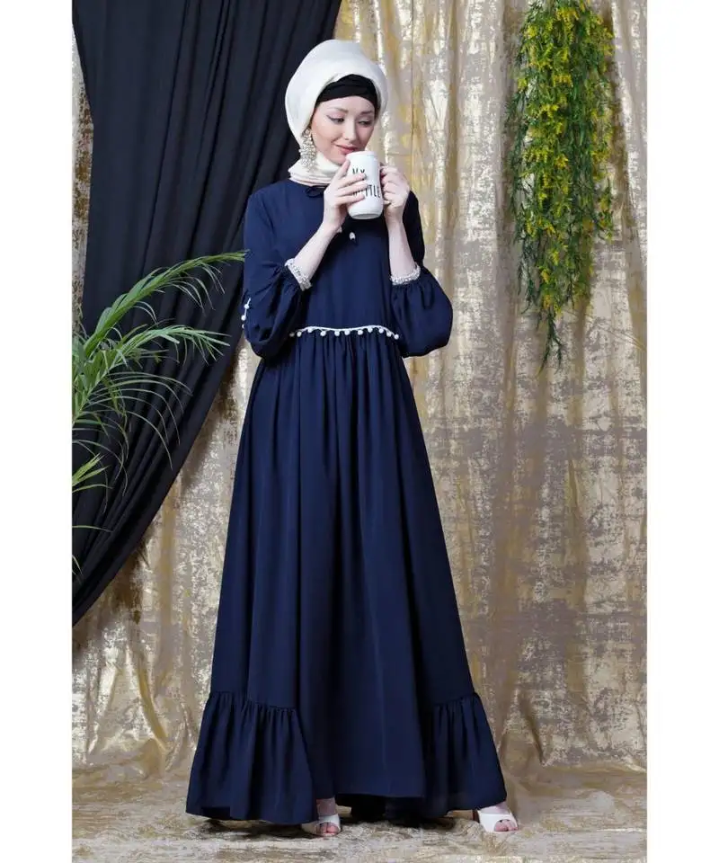 Blue nazneen balloon sleeve pom pom lace bohemian abaya