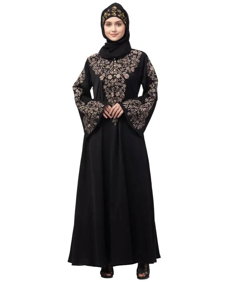 Nazneen neck and sleeve resham embroidered a line party abaya