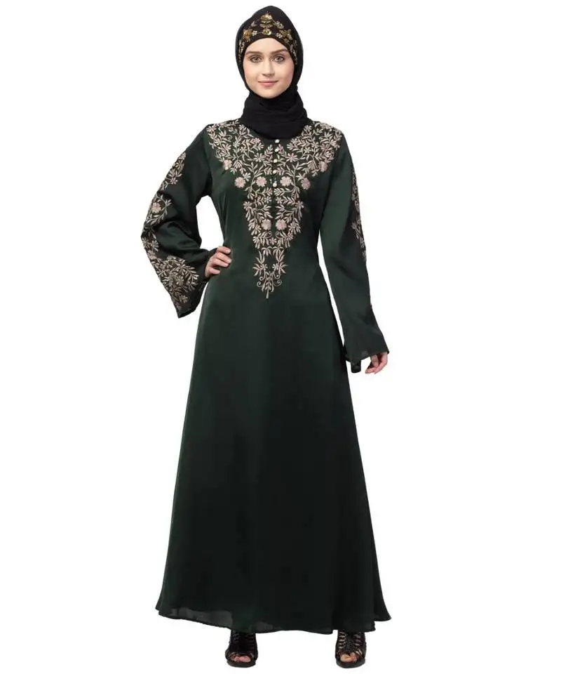 Black nazneen neck and sleeve resham embroidered eid ramadan a-line party abaya