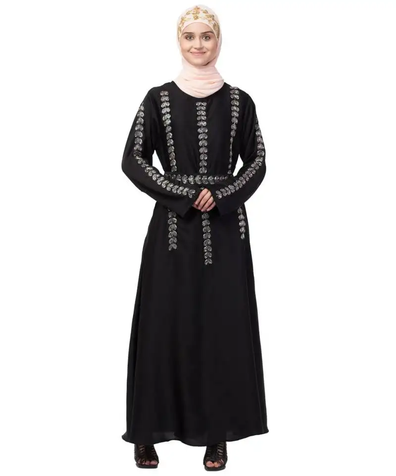 Nazneen front , back , sleeve and belt hand embroidery a line abaya