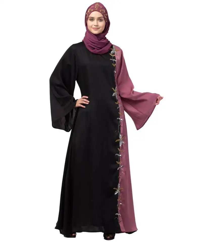 Nazneen contrast front & sleeve hand work abaya