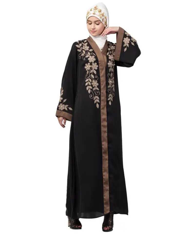Black nazneen resham embroidered front open eid ramadan abaya