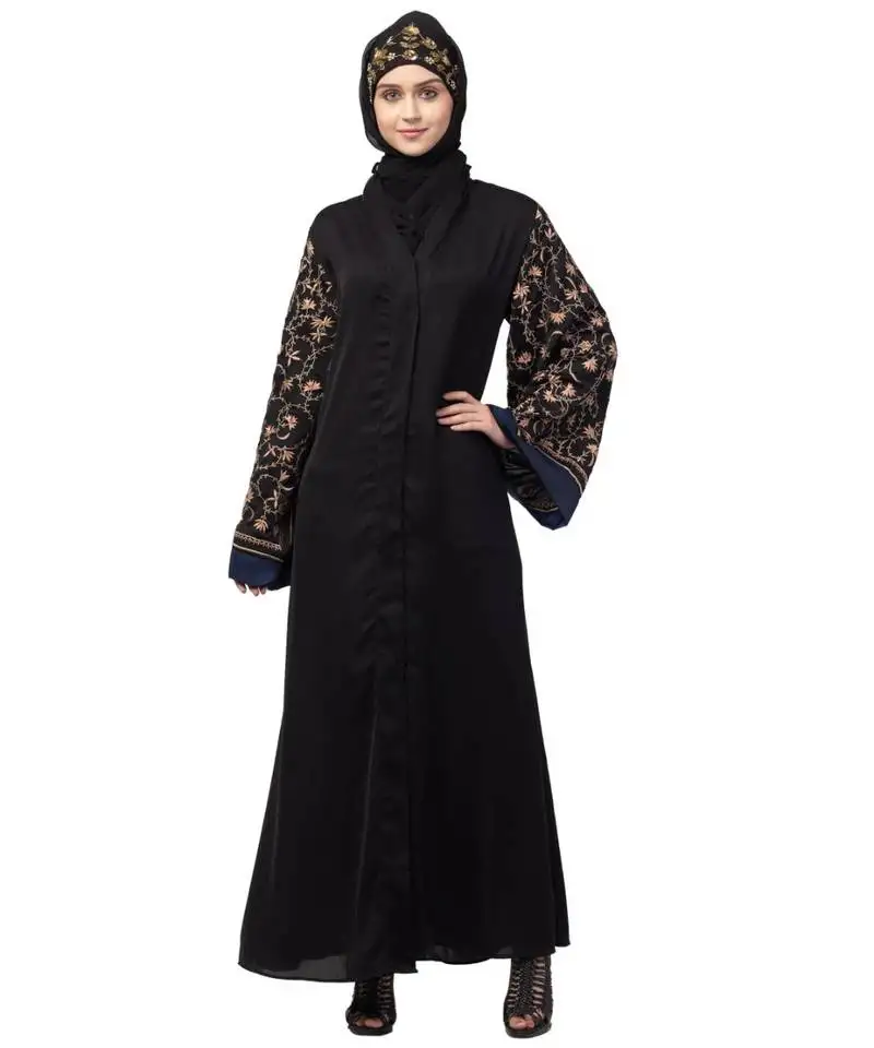 Nazneenboth sleeve resham embroidered front open dubai abaya