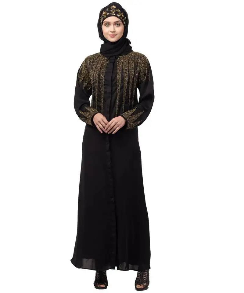 Nazneen front open golden hand work at front back and sleeve nida abaya