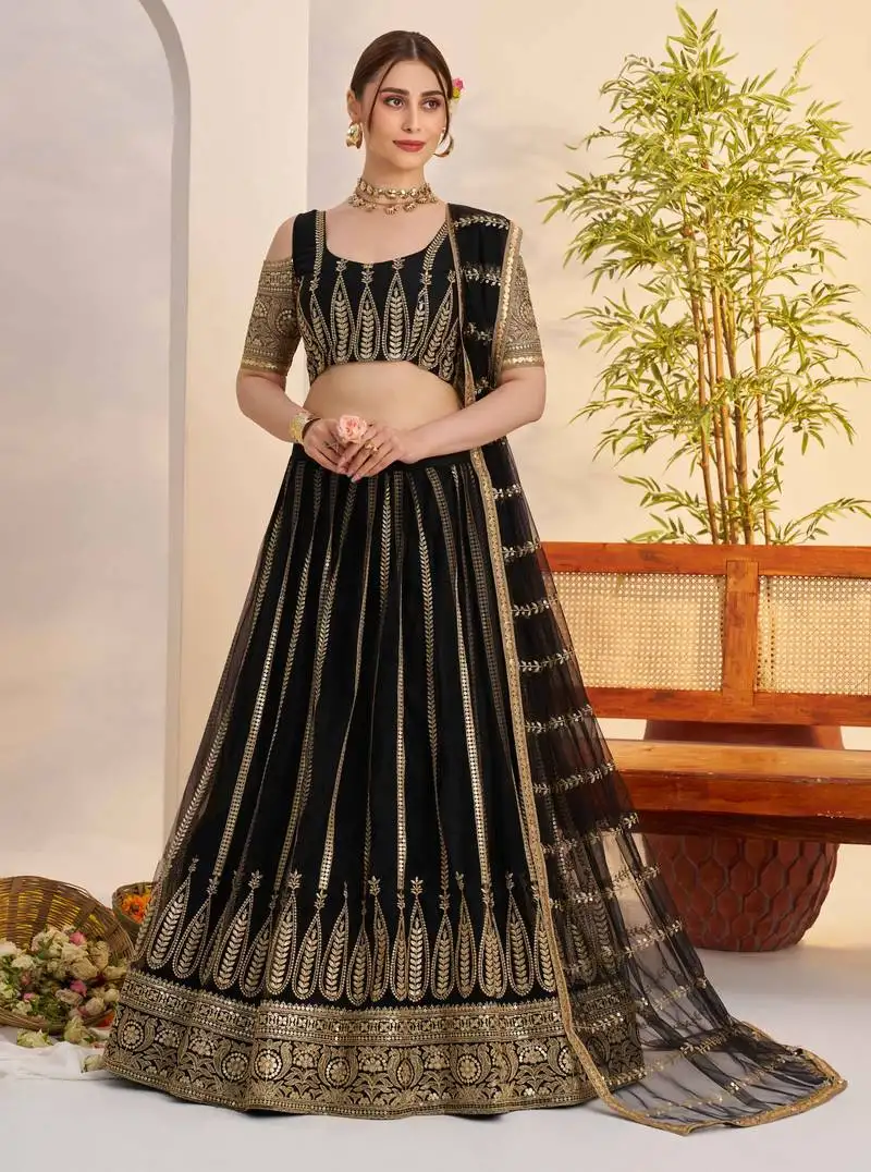 Black net fabric lehenga with sequin & thread work
