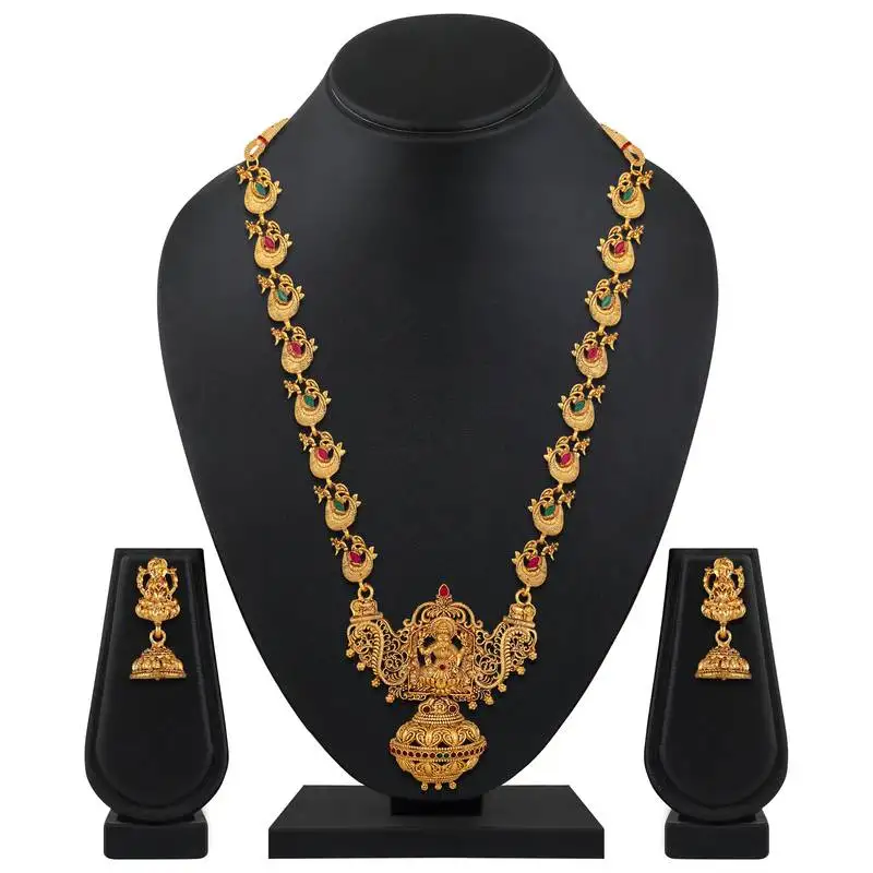 Wedding wear opera style gold plated temple necklace set for women