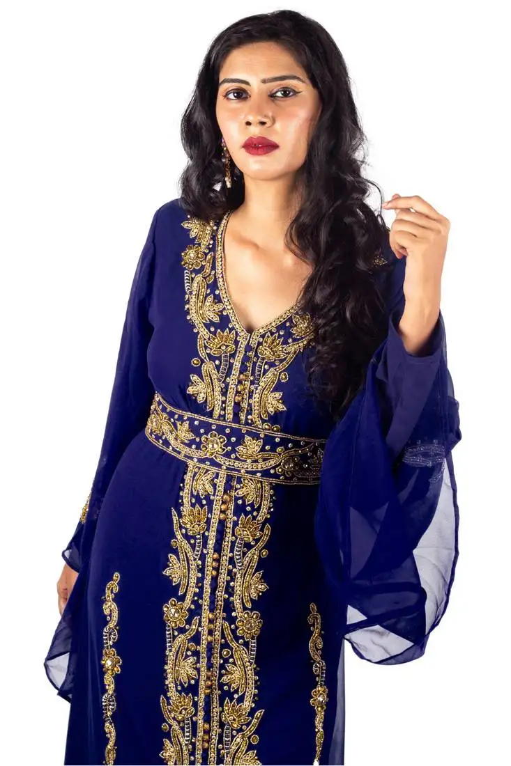 Navy blue copper beads luxurious moroccan kaftan with sun-proof hijab.
