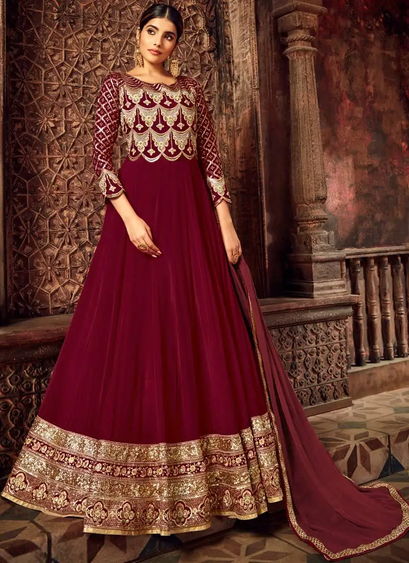 Maroon georgette embroidered salwar suit unstitched