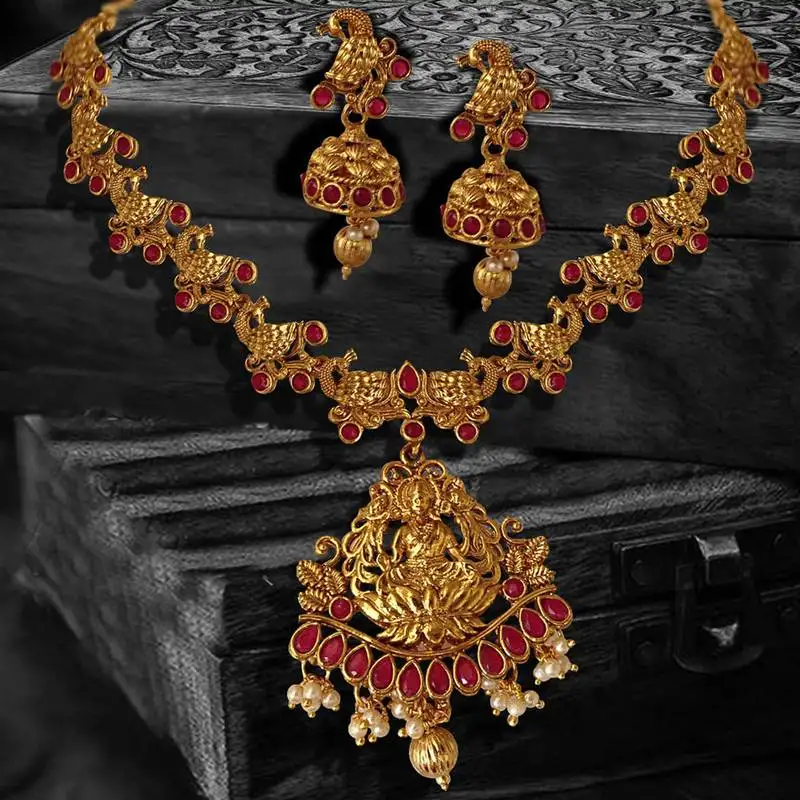 Laxmi ji base multi peacock zinc temple necklace