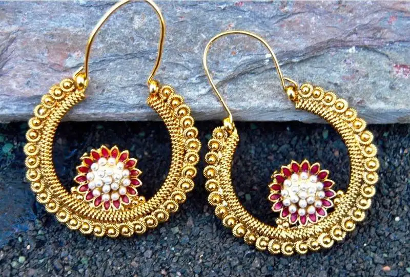 Antique pearl red flower chand hoop earrings