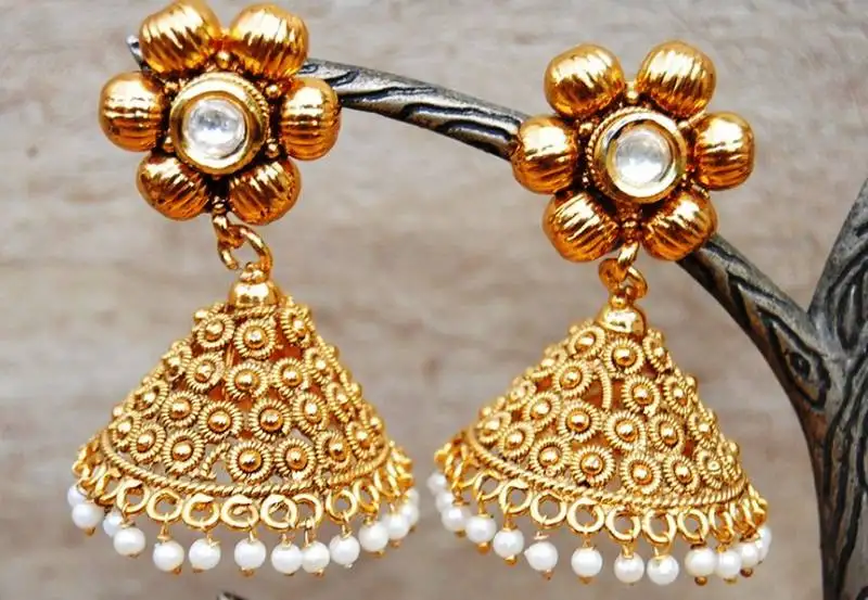 Antique gold flower jhumka earrings
