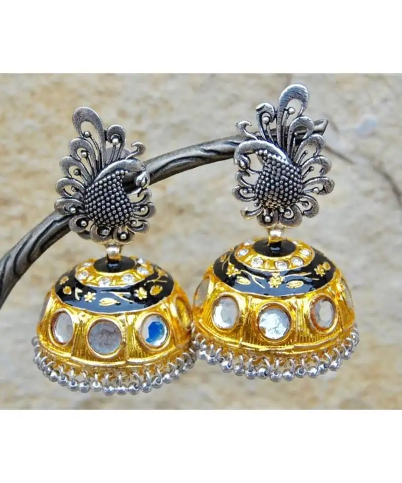 Two tone gold silver peacock jhumka earrings