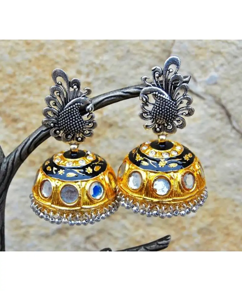 Two tone silver gold peacock jhumka earrings