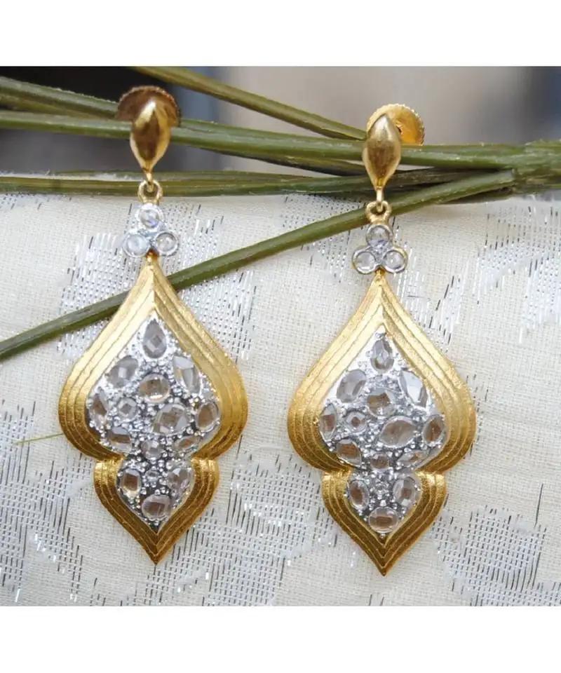 Uncut diamond gold dangler earrings