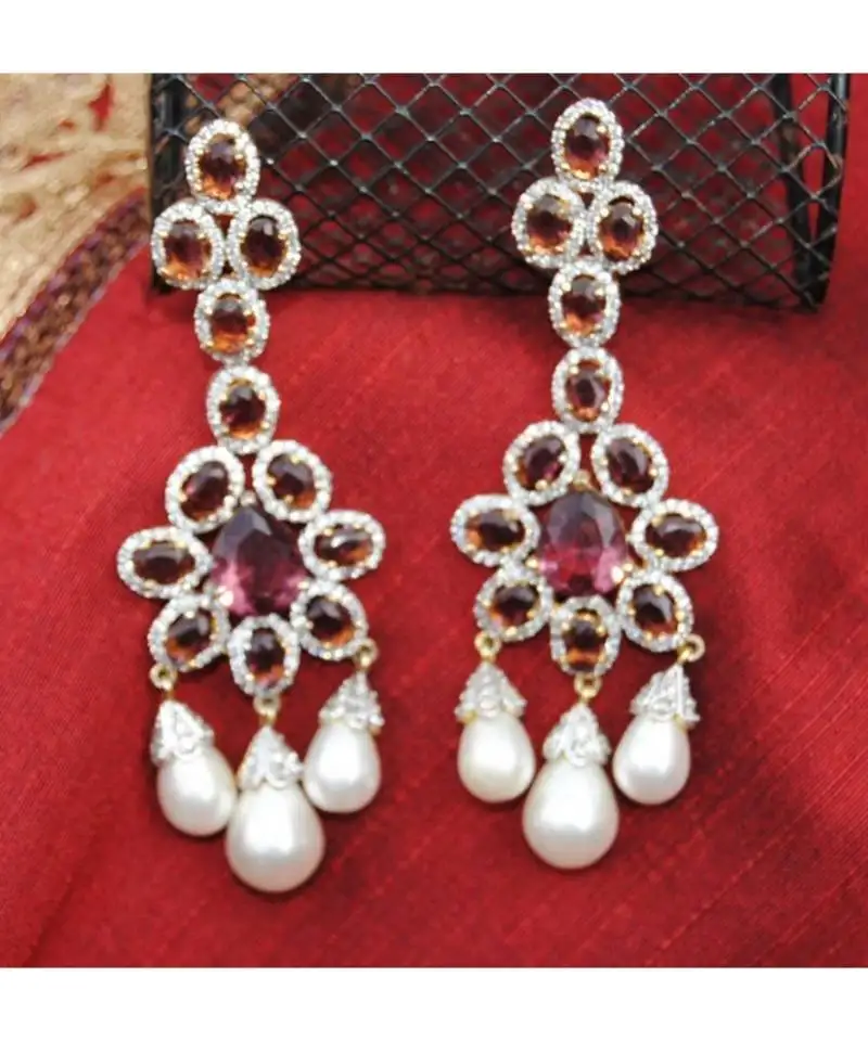 Wine diamond pearl drop dangler earrings