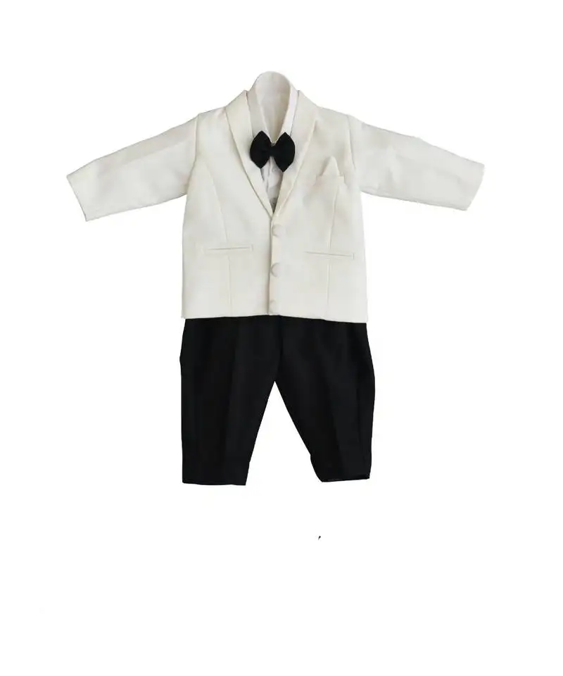 Off white coat with white shirt and black pant for boys