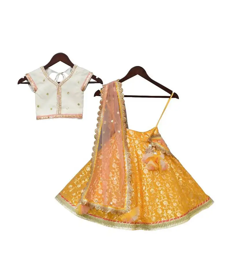 Off white and yellow sequins lehenga set for girls
