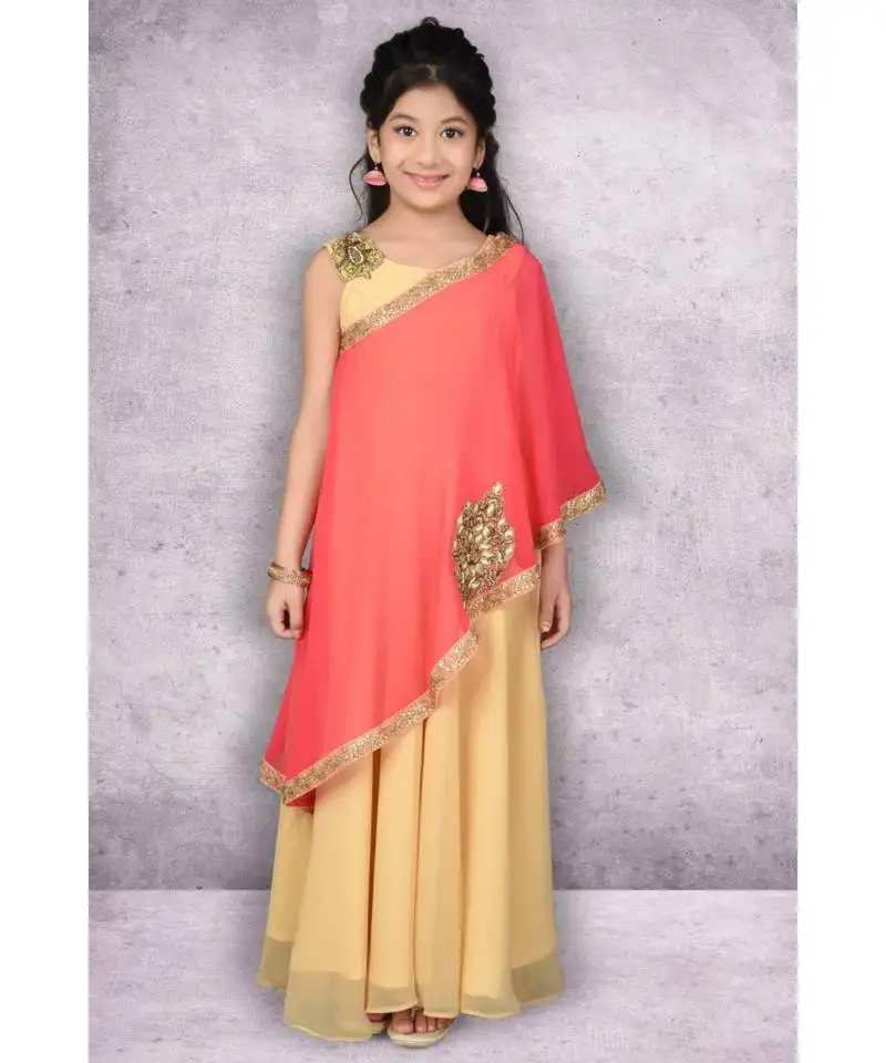 Beige embroidered faux georgette stitched kids frocks