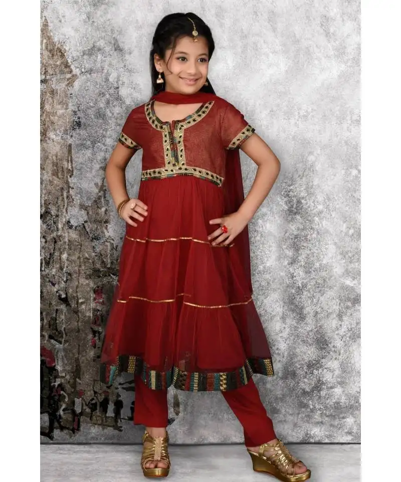 Maroon embroidered shimmer stitched kids salwar suits
