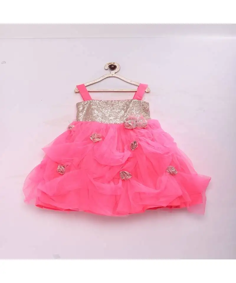 Pink fashionable girls sequence with net flared party gown