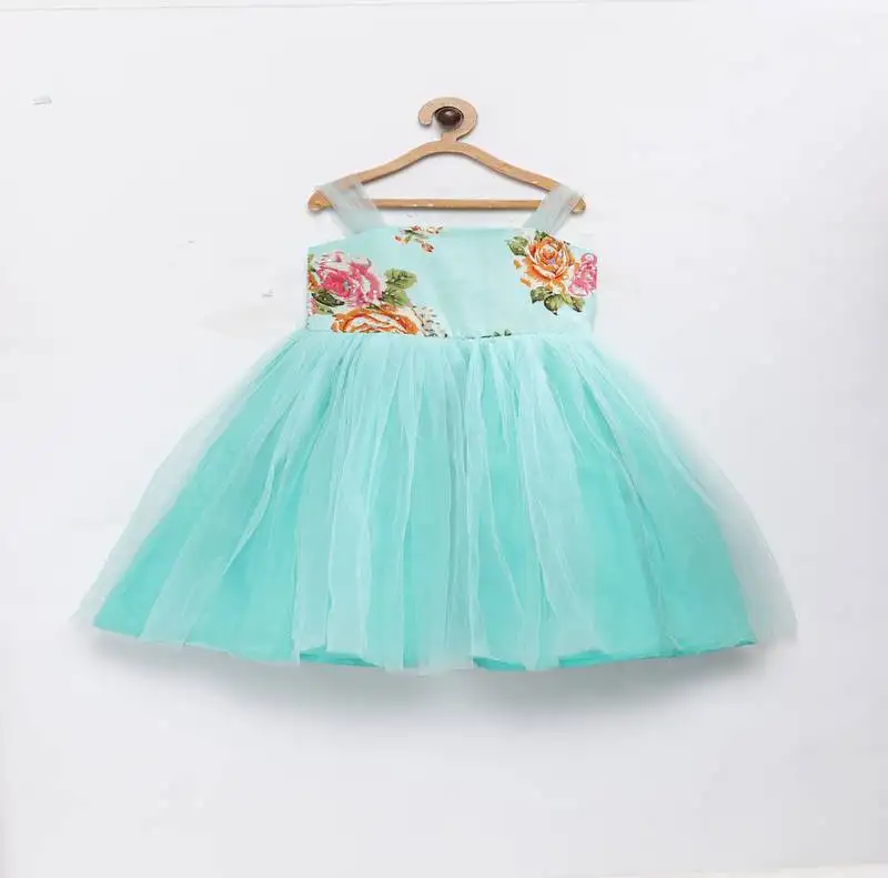 Pink fashionable girls printed raw silk with net flared party gown