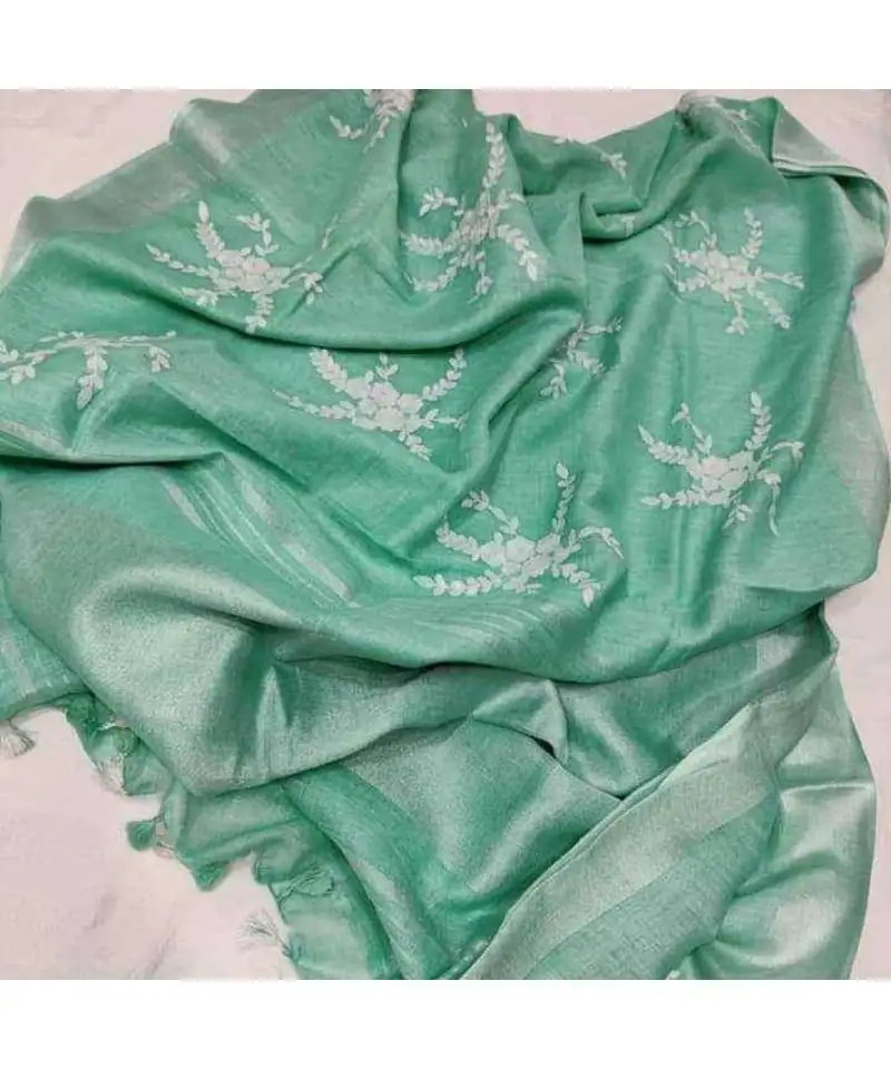 Green?handcrafted?linen saree with embroidery work