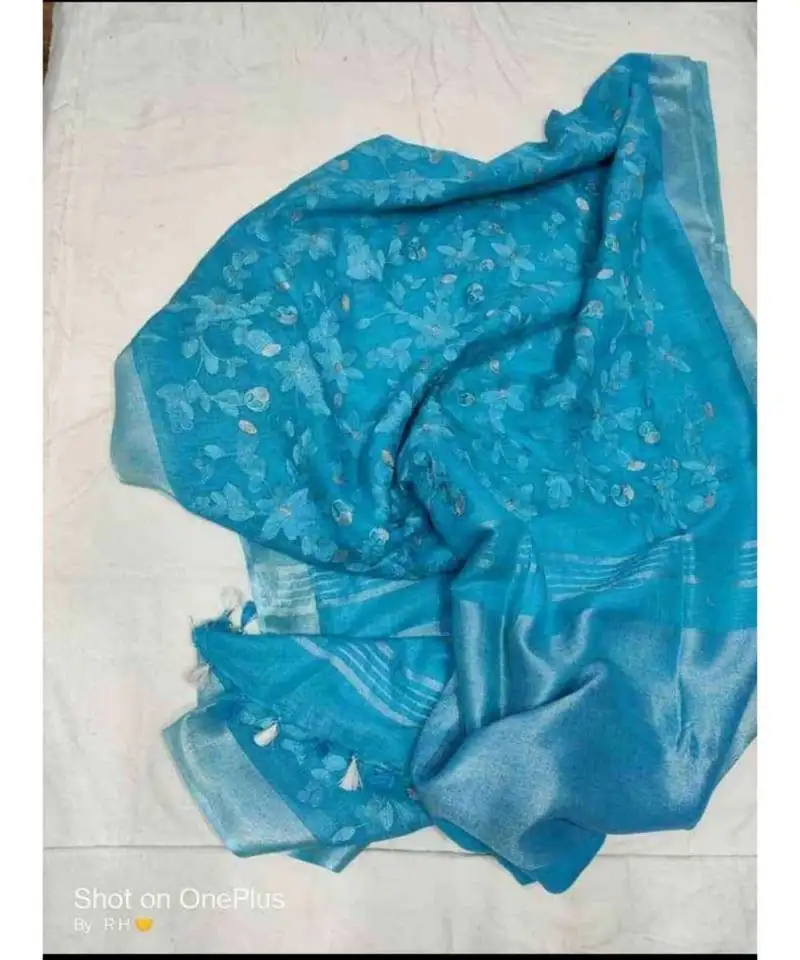 Blue ?handcrafted?linen saree with embroidery work