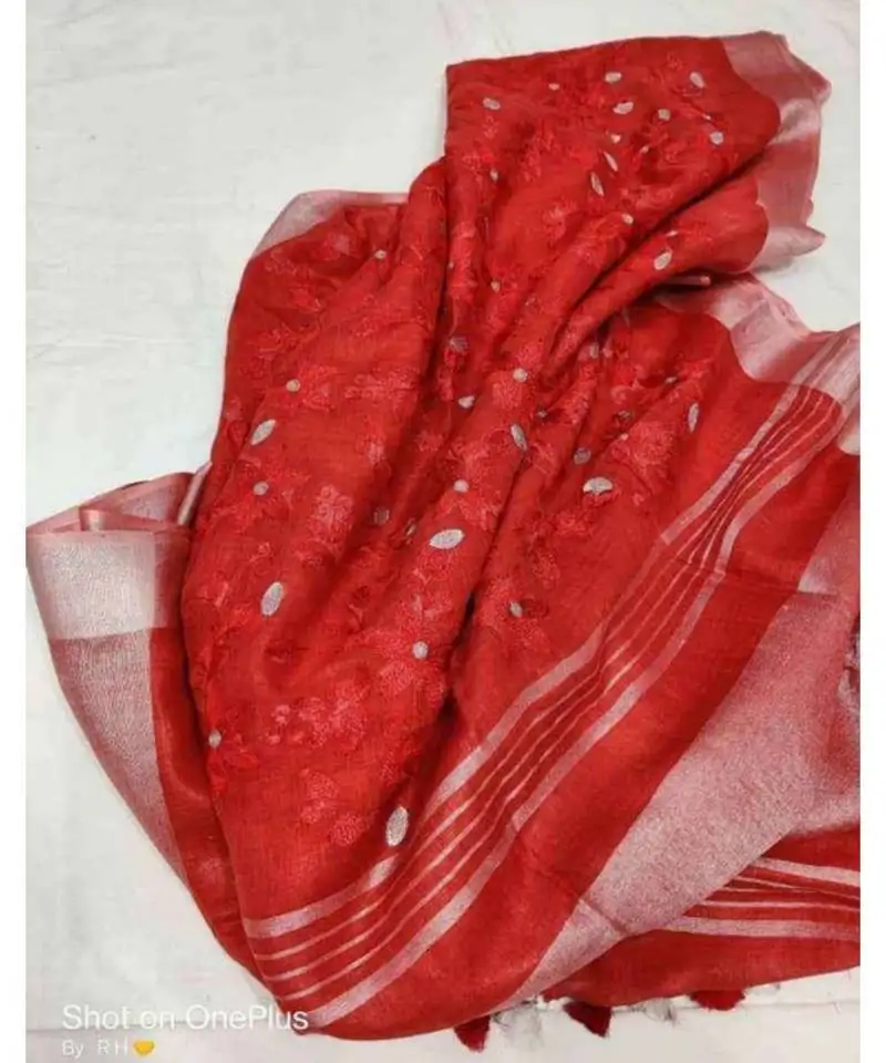 Red ?handcrafted?linen saree with embroidery work