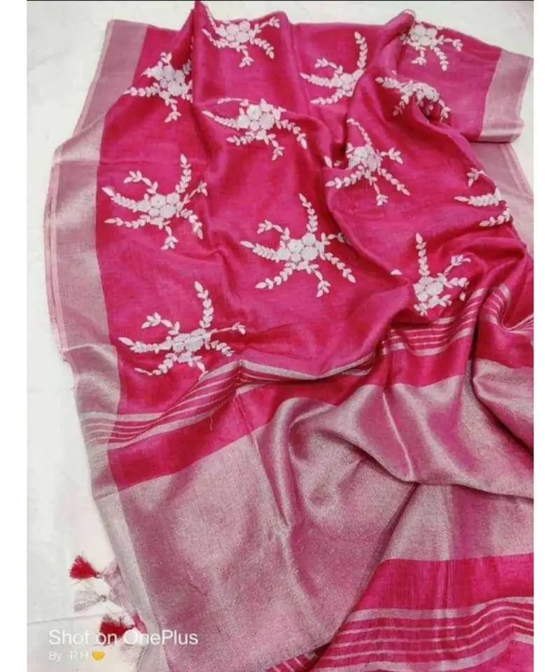 Pink?handcrafted?linen saree with embroidery work