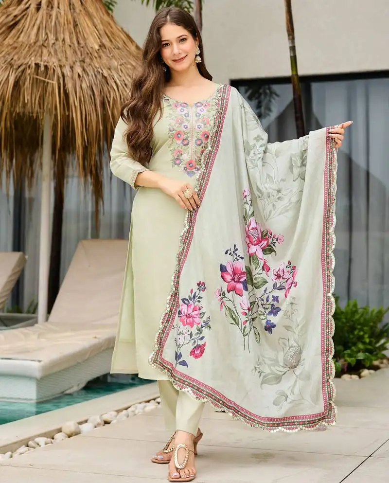 Women pista colour multi sequin embroidered kurta pant dupatta set stitched