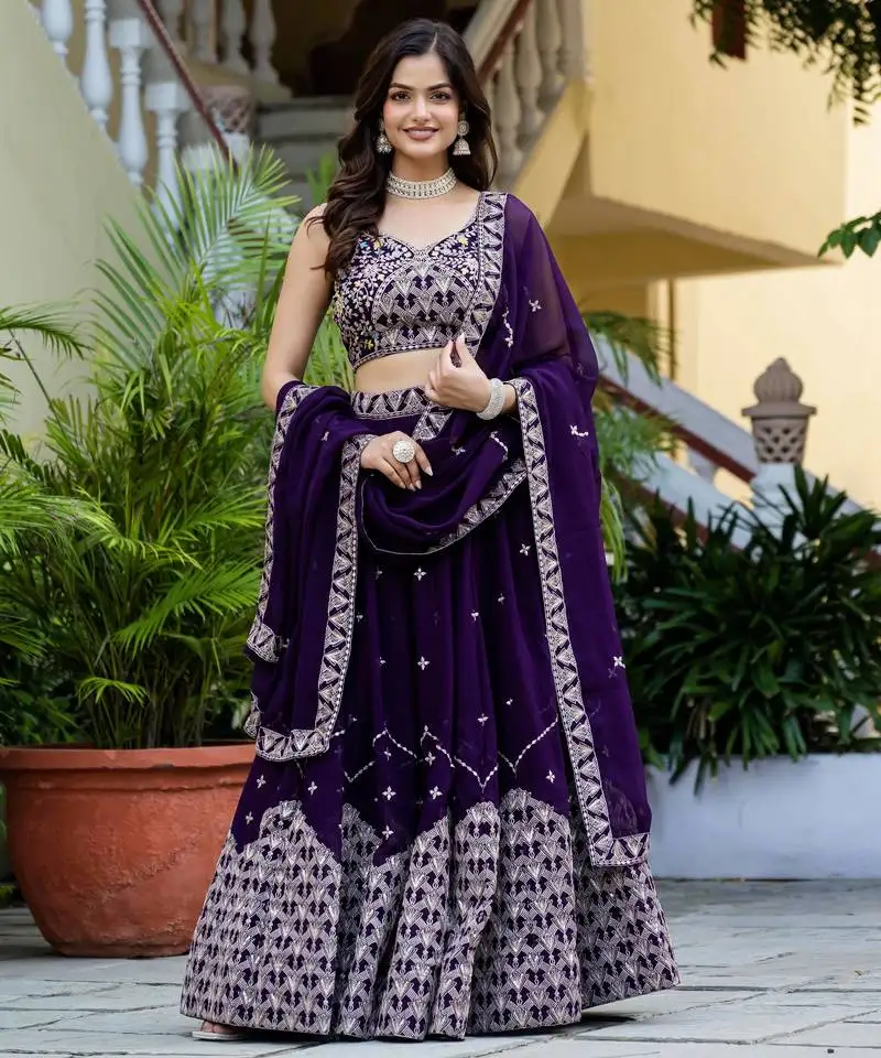 Purple georgette zari sequence ebroidery work semi sttiched lehenga choli for women