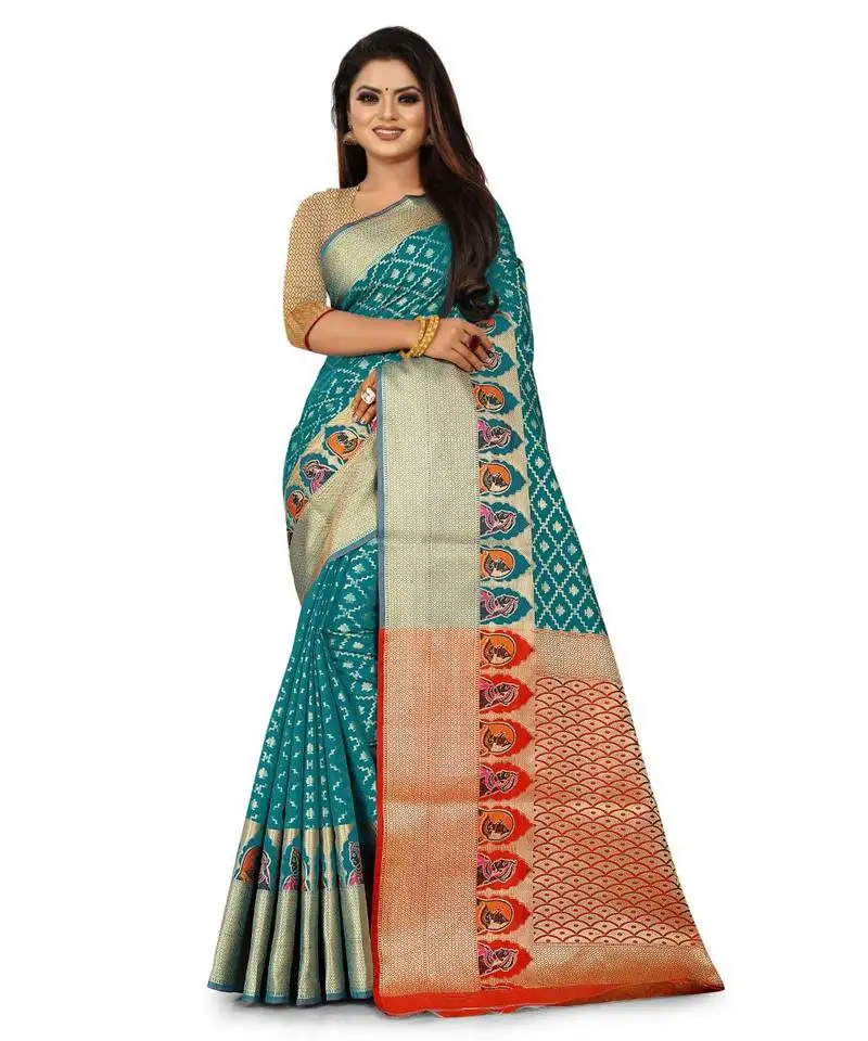 Turquoise art silk banarasi woven saree