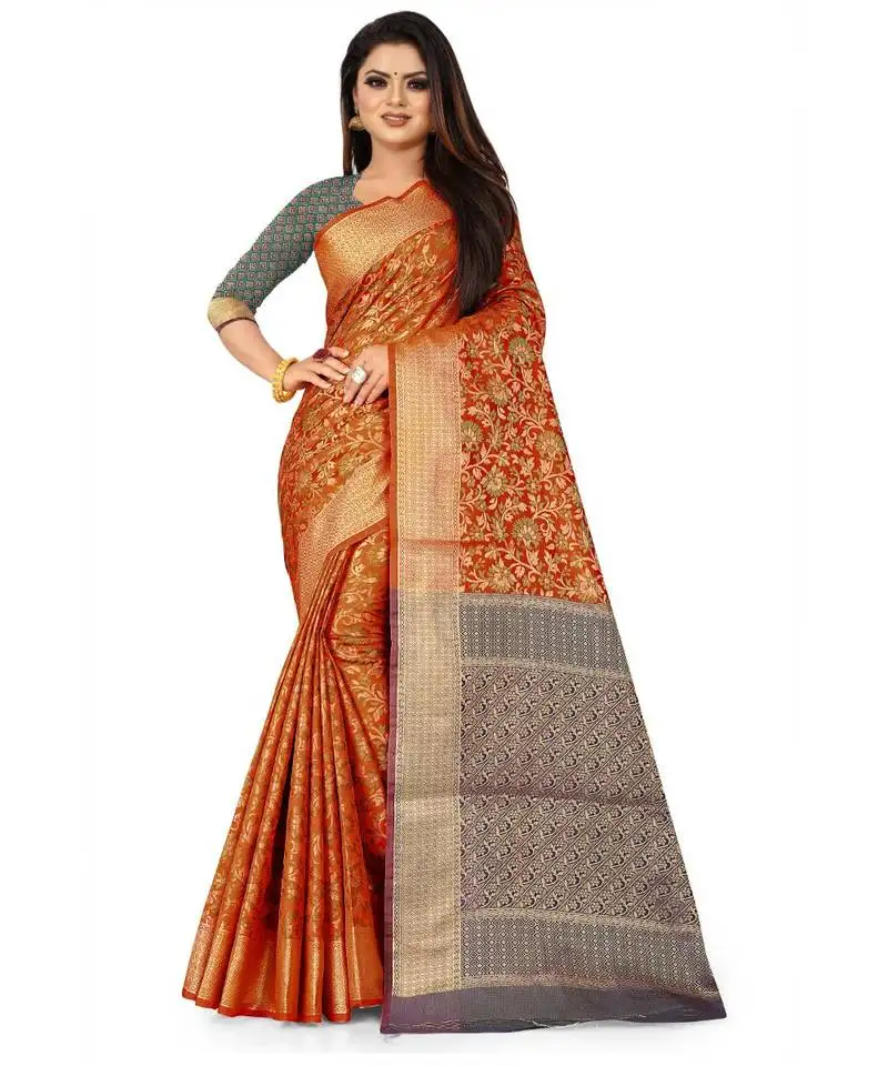 Orange art silk banarasi woven saree