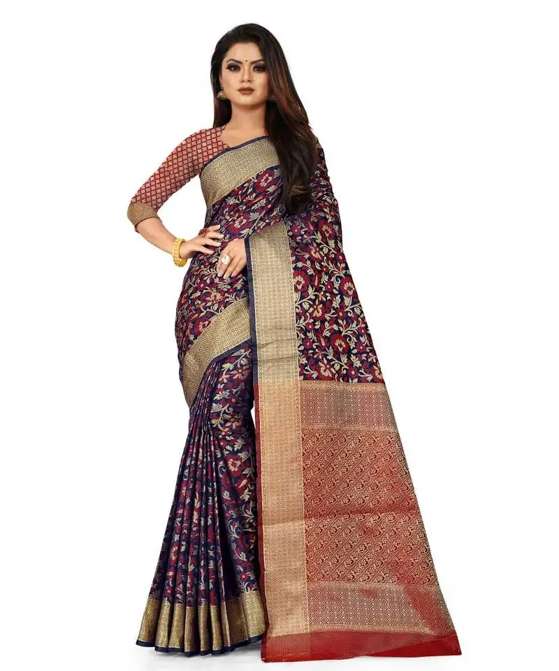 Navy blue art silk banarasi woven saree